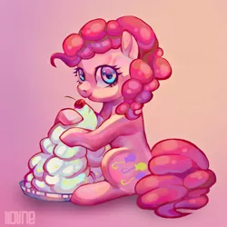 Size: 2000x2000 | Tagged: safe, artist:lloline, derpibooru import, pinkie pie, earth pony, pony, cake, cherry, cute, diapinkes, female, food, high res, looking at you, mare, pink background, simple background, sitting, solo, whipped cream