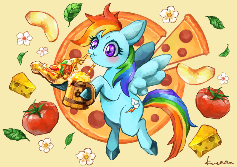 Size: 890x629 | Tagged: safe, artist:kuna4ri, derpibooru import, rainbow dash, pegasus, pony, apple cider, apple slice, backwards cutie mark, basil leaf, cheese, cider, colored hooves, cute, dashabetes, drink, eating, female, flower, food, hoof hold, leaf, mare, meat, pepperoni, pepperoni pizza, pizza, solo, straw, tankard, tomato