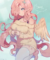 Size: 1280x1533 | Tagged: safe, artist:_aung___ae, derpibooru import, fluttershy, bat pony, human, big breasts, blushing, breasts, busty fluttershy, clothes, cute, dialogue, elf ears, female, flutterbat, hair over one eye, humanized, off shoulder, off shoulder sweater, race swap, shyabetes, socks, solo, speech bubble, sweater, sweatershy, thigh highs, winged humanization, wings