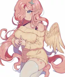 Size: 1280x1533 | Tagged: safe, alternate version, artist:_aung___ae, derpibooru import, fluttershy, bat pony, human, adorasexy, big breasts, blushing, breasts, busty fluttershy, clothes, cute, female, flutterbat, hair over one eye, humanized, off shoulder, off shoulder sweater, race swap, sexy, shyabetes, simple background, socks, solo, sweater, sweatershy, thigh highs, white background, winged humanization, wings
