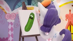 Size: 1920x1080 | Tagged: safe, derpibooru import, edit, edited screencap, screencap, rarity, pony, my little pony: pony life, my little pony: stop motion short, rarity's paintful pony portrait, beret, easel, hat, meme, painting, pickle rick, rick and morty