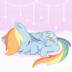 Size: 2048x2048 | Tagged: safe, artist:chapaghettii, derpibooru import, rainbow dash, pegasus, pony, crescent moon, curled up, cute, dashabetes, eyes closed, female, folded wings, high res, mare, moon, prone, sleeping, solo, stars, wings