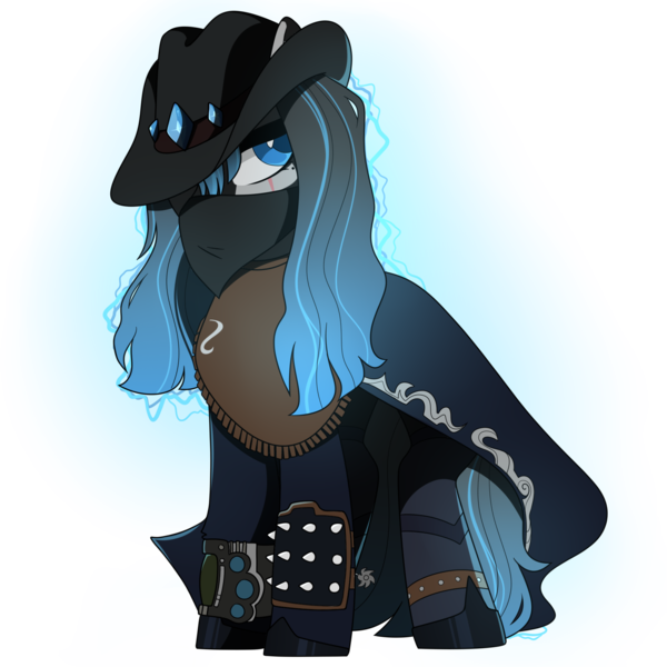 Size: 1850x1850 | Tagged: safe, artist:crimmharmony, derpibooru import, oc, oc:frontier justice, oc:shadow spade, pony, unicorn, fallout equestria, fallout equestria: kingpin, alter ego, armor, aura, bandana, beauty mark, black eyeshadow, blank, blank of rarity, blue eyes, clothes, commissioner:genki, cowboy hat, cowboy outfit, dead eyes, discharge, eye scar, female, hat, horn, lawbringer, magic, magic aura, mane highlights, mare, mask, messy mane, mutation, not rarity, pipboy, pipbuck, poncho, scar, shoes, simple background, solo, spiked armor, spurs, transparent background, unicorn oc, vigilante, wet, wet mane