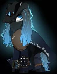 Size: 386x495 | Tagged: safe, artist:crimmharmony, derpibooru import, oc, oc:frontier justice, oc:shadow spade, pony, unicorn, fallout equestria, fallout equestria: kingpin, alter ego, armor, aura, bandana, beauty mark, black background, black eyeshadow, blank, blank of rarity, blue eyes, clothes, commissioner:genki, cowboy hat, cowboy outfit, dead eyes, discharge, eye scar, female, hat, horn, lawbringer, magic, magic aura, mane highlights, mare, mask, messy mane, mutation, not rarity, pipboy, pipbuck, poncho, scar, shoes, simple background, solo, spiked armor, spurs, unicorn oc, vigilante, wet, wet mane