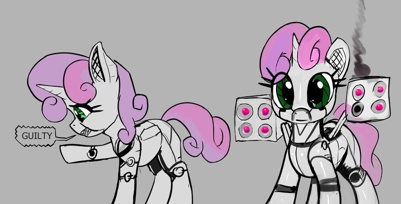 Size: 2520x1281 | Tagged: safe, artist:xbi, derpibooru import, sweetie belle, pony, robot, robot pony, unicorn, cute, dialogue, diasweetes, gray background, guilty, gun, implied execution, looking at you, rocket launcher, shooting, simple background, sketch, smoke, solo, sweetie bot, weapon