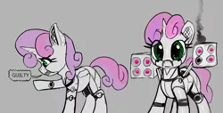 Size: 2520x1281 | Tagged: safe, artist:xbi, derpibooru import, sweetie belle, pony, robot, robot pony, unicorn, cute, dialogue, diasweetes, gray background, guilty, gun, implied execution, looking at you, rocket launcher, shooting, simple background, sketch, smoke, solo, sweetie bot, weapon