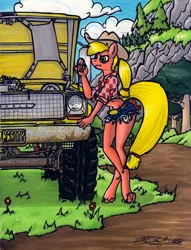 Size: 2511x3285 | Tagged: annoyed, anthro, applejack, applejack is not amused, artist:sketchywolf-13, belly button, breakdown, chevrolet blazer, clothes, country, daisy dukes, denim shorts, derpibooru import, female, front knot midriff, frown, hood up, implied lesbian, implied rarijack, implied shipping, mare, midriff, safe, shorts, signature, solo, traditional art, truck, unamused, unguligrade anthro