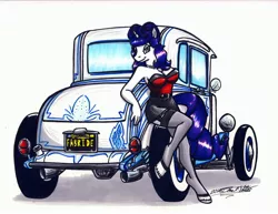 Size: 3300x2551 | Tagged: alternate hairstyle, anthro, artist:sketchywolf-13, breasts, bustier, busty rarity, car, clothes, commission, derpibooru import, female, ford, ford model a, hot rod, lidded eyes, miniskirt, pinup, rarity, rockabilly, signature, skirt, smiling, socks, solo, solo female, stockings, suggestive, thigh highs, traditional art, unguligrade anthro