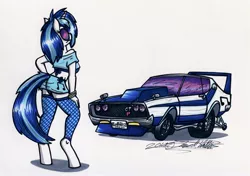Size: 3300x2324 | Tagged: anthro, artist:sketchywolf-13, blue underwear, car, clothes, commission, derpibooru import, dragster, female, hand on hip, midriff, miniskirt, nissan, nissan skyline, panties, signature, simple background, skirt, socks, solo, solo female, stockings, suggestive, thigh highs, thong, traditional art, tube top, underwear, unguligrade anthro, upskirt, vinyl scratch, white background
