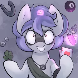 Size: 2000x2000 | Tagged: safe, artist:triplesevens, derpibooru import, oc, oc:triple sevens, unofficial characters only, pony, unicorn, 8 ball, cancer (horoscope), card, dice, face paint, grin, gun, handgun, horn, horseshoes, male, revolver, small horn, smiling, solo, weapon