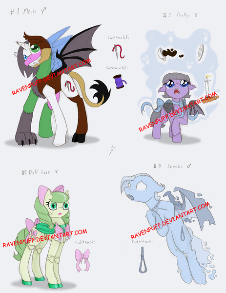 Size: 1592x2065 | Tagged: safe, artist:ravenpuff, deleted from derpibooru, derpibooru import, oc, oc:doll face, oc:mesh, oc:polly, oc:spooks, unofficial characters only, alicorn, bat pony, bat pony alicorn, ghost, hybrid, pony, undead, :o, bat pony oc, bat wings, blank eyes, bowtie, chest fluff, choker, clothes, dress, fangs, female, floating, frankenstein's monster, futa, heterochromia, hoof polish, horn, intersex, male, mare, noose, open mouth, raised hoof, scared, smiling, stallion, stitches, wings