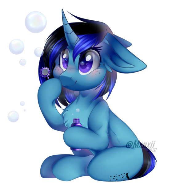 Size: 1434x1472 | Tagged: safe, artist:mxnxii, derpibooru import, oc, oc:lunar fury, unofficial characters only, pony, unicorn, blowing bubbles, blushing, chest fluff, female, floppy ears, mare, simple background, solo, transparent background