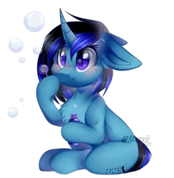 Size: 1434x1472 | Tagged: safe, artist:mxnxii, derpibooru import, oc, oc:lunar fury, unofficial characters only, pony, unicorn, blowing bubbles, blushing, chest fluff, female, floppy ears, mare, simple background, solo, transparent background