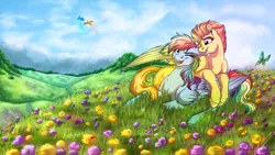 Size: 3840x2160 | Tagged: safe, artist:lupiarts, derpibooru import, rainbow dash, spitfire, bird, butterfly, insect, ladybug, pegasus, pony, biting, creek, ear bite, female, field, hill, lesbian, mare, meadow, nibbling, one eye closed, prone, scenery, scenery porn, shipping, sky, smiling, spitdash, spring