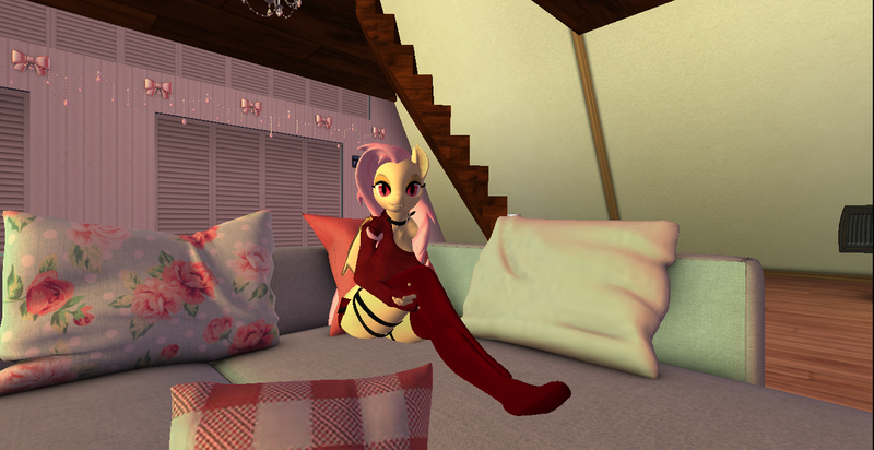 Size: 1368x705 | Tagged: safe, artist:melimoo2000, derpibooru import, fluttershy, anthro, bat pony, pony, 3d, bat eyes, bat ponified, buckle, clothes, couch, female, flutterbat, lidded eyes, lifted leg, looking at you, mare, off shoulder, off shoulder sweater, race swap, second life, shorts, sitting, socks, solo, stairs, straps, sweater, thigh highs