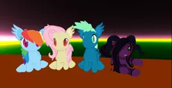 Size: 1368x705 | Tagged: safe, artist:melimoo2000, derpibooru import, fluttershy, rainbow dash, sky stinger, oc, oc:blood rose, bat pony, pony, succubus, succubus pony, 3d, bat ears, bat ponified, bat pony oc, bat wings, clothes, female, fishnets, flutterbat, folded wings, horns, male, male and female, mare, mare and stallion, race swap, second life, sitting, sitting together, slitted eyes, socks, stallion, stockings, surrounded by mares, thigh highs, wings
