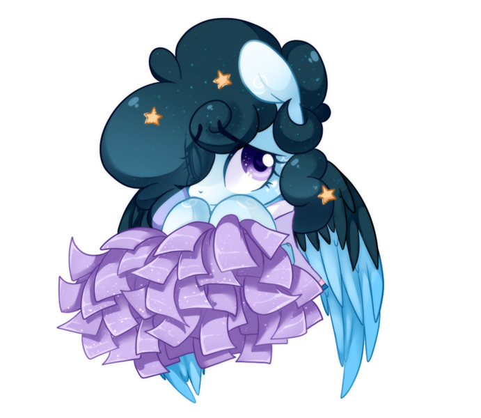 Size: 1037x900 | Tagged: safe, artist:loyaldis, derpibooru import, oc, oc:stellar constellation, unofficial characters only, pegasus, pony, cheerleader, clothes, commission, cute, dress, ethereal mane, eye clipping through hair, female, mare, pom pom, shy, simple background, solo, starry mane, stars, transparent background, two toned wings, wings, ych result