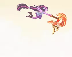 Size: 2048x1617 | Tagged: safe, artist:chapaghettii, derpibooru import, sci-twi, sunset shimmer, twilight sparkle, equestria girls, boots, clothes, cloud, dress, eyes closed, female, flying, glasses, holding hands, lesbian, open mouth, ponied up, ponytail, scitwishimmer, shipping, shoes, sky, sunsetsparkle