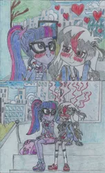 Size: 1415x2325 | Tagged: safe, artist:nephilim rider, derpibooru import, sci-twi, twilight sparkle, oc, oc:heaven lost, equestria girls, city, date, female, lesbian, traditional art