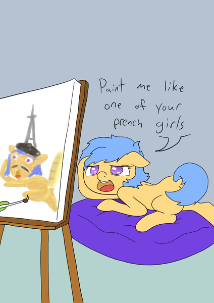 Size: 1000x1414 | Tagged: artist:happy harvey, barrett, bread, derpibooru import, draw me like one of your french girls, drawn on phone, eiffel tower, female, filly, food, oc, oc:anon, oc:little league, painting, prench, safe, unofficial characters only