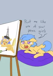 Size: 1000x1414 | Tagged: artist:happy harvey, barrett, bread, derpibooru import, draw me like one of your french girls, drawn on phone, eiffel tower, female, filly, food, oc, oc:anon, oc:little league, painting, prench, safe, unofficial characters only