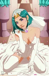 Size: 3300x5100 | Tagged: artist:lenlenbell, bare shoulders, blindfold, breasts, circlet, clothes, corset, derpibooru import, dress, female, gloves, human, humanized, jewelry, lingerie, sitting, socks, solo, solo female, somnambula, stockings, suggestive, thigh highs, wedding dress, wedding veil