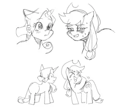 Size: 2014x1832 | Tagged: safe, artist:chapaghettii, derpibooru import, applejack, rarity, earth pony, pony, unicorn, applejack's hat, blushing, cowboy hat, hat, monochrome, ponytail, sketch, sweat