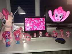 Size: 2018x1514 | Tagged: safe, derpibooru import, pinkie pie, pony, 4de, figurine, hallmark, irl, looking at you, monitor, multeity, photo, plushie, solo, too much pink energy is dangerous