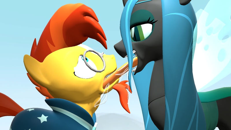 Size: 1920x1080 | Tagged: artist needed, suggestive, derpibooru import, queen chrysalis, sunburst, changeling, changeling queen, pony, unicorn, 3d, beard, bedroom eyes, clothes, drool, duo, extreme french kiss, facial hair, female, forced kiss, long tongue, male, shrunken pupils, sin of lust, source filmmaker, stallion, tongue out