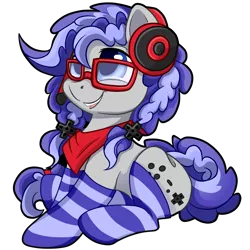 Size: 3065x3066 | Tagged: adorkable, artist:gleamydreams, bandana, chibi, clothes, cute, derpibooru import, dork, gaming headset, glasses, headset, oc, oc:cinnabyte, safe, simple background, socks, solo, striped socks, transparent background, unofficial characters only