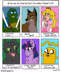 Size: 847x1000 | Tagged: safe, artist:nicalefox, derpibooru import, twilight sparkle, twilight sparkle (alicorn), alicorn, anthro, dog, dragon, human, pony, turtle, six fanarts, :p, adventure time, anthro with ponies, balto, bust, chest fluff, clothes, crossover, dress, ear fluff, evening gloves, gloves, grin, how to train your dragon, jake the dog, leonardo, long gloves, male, ninja, princess peach, smiling, super mario bros., teenage mutant ninja turtles, tongue out, toothless the dragon