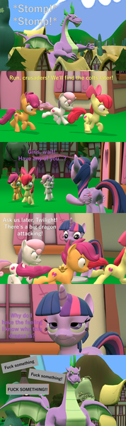 Size: 1920x6480 | Tagged: 3d, alicorn, apple bloom, artist:papadragon69, choice, comic, comic:spike's cyosa, corrupted choice, cutie mark crusaders, cyoa, derpibooru import, dragon, interface screw, older, older spike, ponyville, running away, scootaloo, sfm pony, source filmmaker, spike, spikezilla, suggestive, sweetie belle, twilight is not amused, twilight sparkle, twilight sparkle (alicorn), unamused, vulgar, winged spike, winged spikezilla