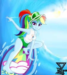 Size: 2500x2777 | Tagged: safe, artist:theretroart88, derpibooru import, rainbow dash, equestria girls, 2020, 2020s, barefoot, belly button, board shorts, breasts, busty rainbow dash, clothes, confident, feet, female, high res, looking at you, ocean, ponytail, pose, purple eyes, sexy, shorts, smiling, smirk, solo, sun, surfboard, surfing, tomboy, wave