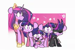 Size: 2202x1457 | Tagged: safe, artist:sourspot, derpibooru import, princess twilight 2.0, twilight sparkle, twilight sparkle (alicorn), alicorn, pony, unicorn, it's about time, the last problem, abstract background, book, crescent moon, crown, cute, female, filly, filly twilight sparkle, future twilight, heart, jewelry, looking at you, mare, moon, multeity, open mouth, regalia, self ponidox, sitting, smiling, solid sparkle, stars, sweat, twiabetes, unicorn twilight, younger