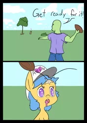 Size: 1000x1414 | Tagged: safe, artist:happy harvey, derpibooru import, oc, oc:anon, oc:little league, unofficial characters only, human, pony, adult, american football, clothes, cloud, colored pupils, dialogue, drawn on phone, drool, female, filly, grass, hat, heart eyes, hit with blunt object, male, pants, shirt, sky, sports, starry eyes, thousand yard stare, wingding eyes