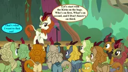 Size: 1280x720 | Tagged: abbott and costello, autumn afternoon, autumn blaze, awwtumn blaze, background kirin, butt, cinder glow, cute, derpibooru import, dialogue, edit, edited screencap, fern flare, forest fall, implied oc, kirin, lots of characters, maple brown, microphone, plot, pumpkin smoke, safe, screencap, sounds of silence, sparkling brook, speech bubble, spring glow, stage, summer flare, who's on first?, winter flame
