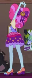 Size: 431x1040 | Tagged: safe, derpibooru import, screencap, kiwi lollipop, equestria girls, equestria girls series, sunset's backstage pass!, spoiler:eqg series (season 2), bow, clothes, cropped, female, guitar case, hair bow, k-lo, legs, poster, raised arm, sandals, shoes, skirt, stretching, time twirler