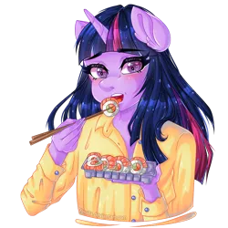 Size: 870x870 | Tagged: anthro, artist:finulla, avocado, blushing, cute, derpibooru import, eating, food, rice, safe, salmon, simple background, sushi, transparent background, twiabetes, twilight sparkle