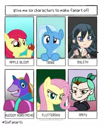 Size: 1024x1223 | Tagged: safe, artist:grapefruitface1, derpibooru import, apple bloom, fluttershy, trixie, earth pony, human, pegasus, pony, unicorn, six fanarts, amity blight, apple, byleth, crossover, female, filly, fire emblem, fire emblem: three houses, food, hudson horstachio, looking at you, mare, the owl house, viva piñata