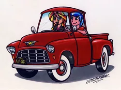 Size: 1024x762 | Tagged: safe, artist:sketchywolf-13, derpibooru import, sunset shimmer, oc, human, equestria girls, canon x oc, chevrolet, commission, driving, duo, female, male, palindrome get, pickup truck, simple background, straight, traditional art, white background