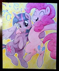 Size: 1659x1995 | Tagged: safe, artist:mmmenagerie, derpibooru import, pinkie pie, twilight sparkle, twilight sparkle (alicorn), alicorn, earth pony, pony, colored pencil drawing, cute, diapinkes, female, mare, traditional art, twiabetes