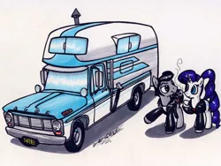 Size: 1024x772 | Tagged: safe, artist:sketchywolf-13, derpibooru import, rarity, oc, oc:sketchy, earth pony, pony, unicorn, camper, cigarette, clothes, cutie mark, female, ford, ford f-150, horn, male, mare, pickup truck, simple background, smoking, stallion, traditional art, white background