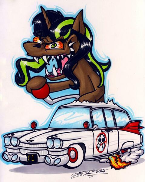 Size: 1024x1282 | Tagged: safe, artist:sketchywolf-13, derpibooru import, oc, unofficial characters only, pony, unicorn, 59 cadillac, ambulance, bloodshot eyes, cadillac, car, commission, female, fire, ghostbusters, horn, mare, rat fink, sharp teeth, simple background, smoke, solo, station wagon, teeth, traditional art, white background