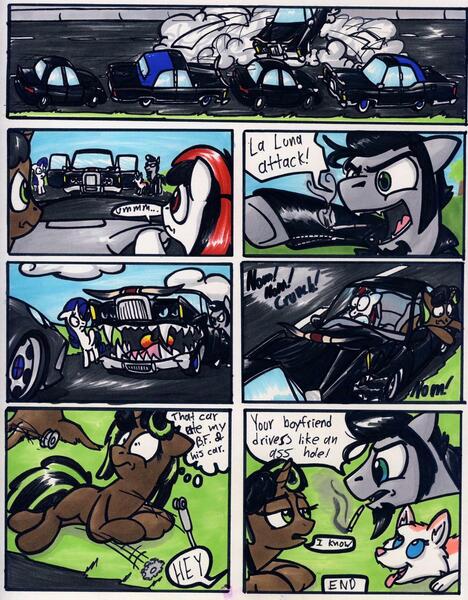 Size: 1024x1314 | Tagged: safe, artist:sketchywolf-13, derpibooru import, rarity, oc, oc:sasha (dog), oc:sketchy, unnamed oc, dog, earth pony, pony, unicorn, bmw, car, cigarette, comic, female, highway, horn, implied death, implied vore, lincoln (car), lincoln continental, male, mare, not blackjack, sharp teeth, shocked, smoke, smoking, speech bubble, stallion, teeth, text, traditional art, vulgar, wide eyes