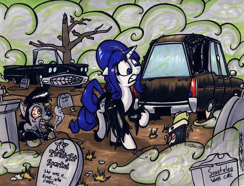 Size: 900x688 | Tagged: semi-grimdark, artist:sketchywolf-13, derpibooru import, rarity, oc, oc:sketchy, earth pony, pony, undead, unicorn, zombie, zombie pony, cadillac, car, cemetery, clothes, costume, cutie mark, female, ford, ford thunderbird, halloween, hearse, holiday, horn, male, mare, nightmare night, shocked, shocked expression, stallion, tail, tombstones, traditional art