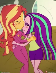 Size: 3090x4000 | Tagged: safe, artist:dieart77, derpibooru import, aria blaze, sunset shimmer, equestria girls, bed, blushing, clothes, commission, cuddling, digital art, female, kissing, lesbian, pajamas, pillow, shipping, sleeveless, smiling, sunblaze, tanktop