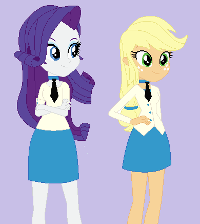 Size: 390x436 | Tagged: safe, artist:furrydiva, derpibooru import, applejack, rarity, equestria girls, alternate outfits, base used, clothes, duo, female, necktie, simple background, skirt, uniform