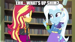 Size: 800x450 | Tagged: safe, artist:mlpfan3991, derpibooru import, edit, edited screencap, screencap, sunset shimmer, trixie, equestria girls, equestria girls series, forgotten friendship, bugs bunny, caption, carrot, food, image macro, looney tunes, meme, text, trixie yells at everything