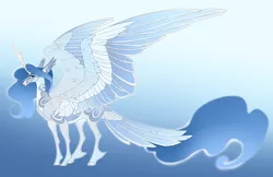 Size: 5100x3300 | Tagged: safe, artist:turnipberry, deleted from derpibooru, derpibooru import, oc, oc:eirene invictus, unofficial characters only, alicorn, kirin, kirindos, alicorn oc, blue background, body markings, cloven hooves, commission, ethereal mane, female, forked horn, gradient background, horn, image, next generation, offspring, parent:oc:arlon invictus, parent:princess celestia, parents:arlestia, parents:canon x oc, png, realistic horse legs, simple background, solo, tail feathers, unshorn fetlocks, wings