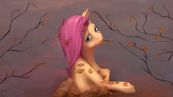 Size: 1920x1080 | Tagged: safe, artist:netkarma, derpibooru import, fluttershy, pegasus, pony, abstract background, autumn, bust, female, leaves, looking at you, looking sideways, mare, melancholy, sad, solo, stray strand, wings